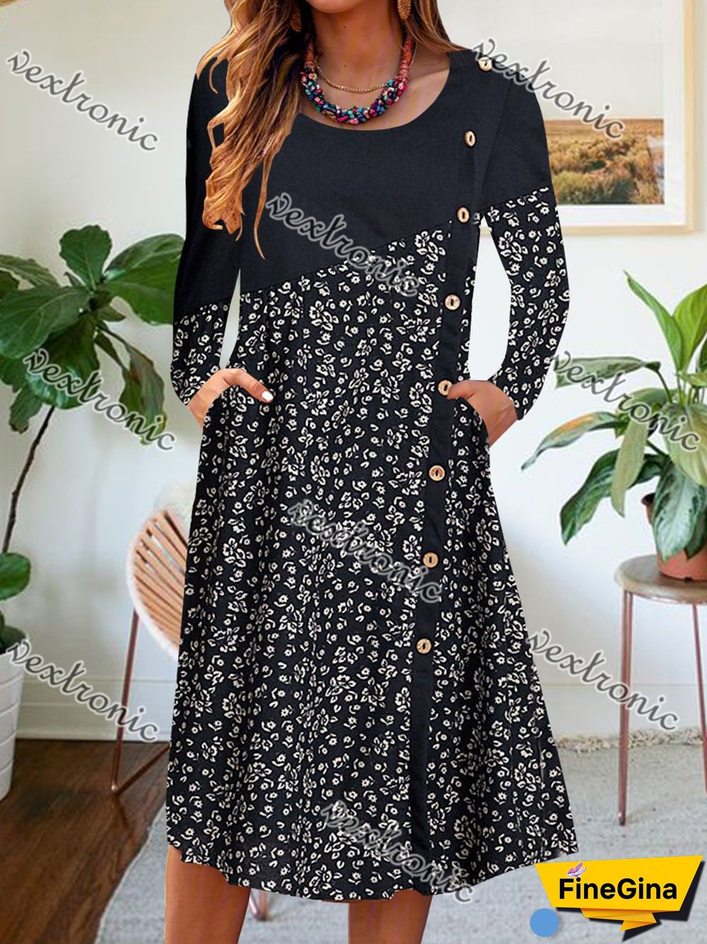 Women Long Sleeve Scoop Neck Printed Buttons Midi Dress