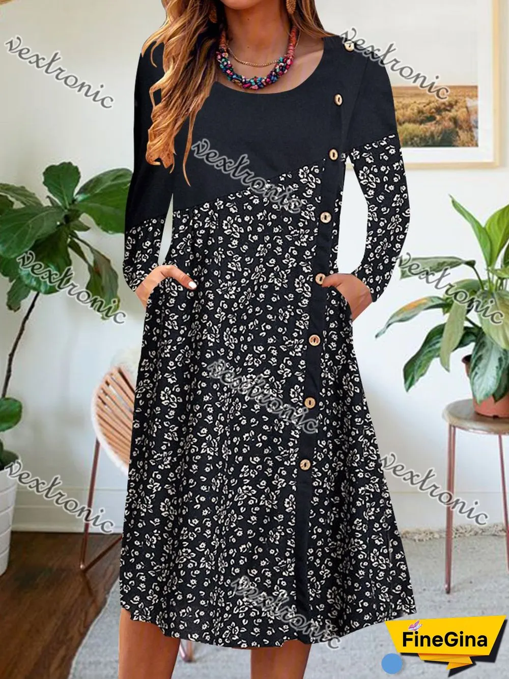 Women Long Sleeve Scoop Neck Printed Buttons Midi Dress
