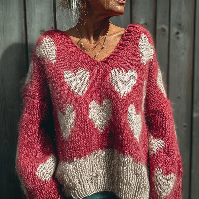 Valentine's Day Hearts Contrast Casual Cozy Knit Sweater wearshes