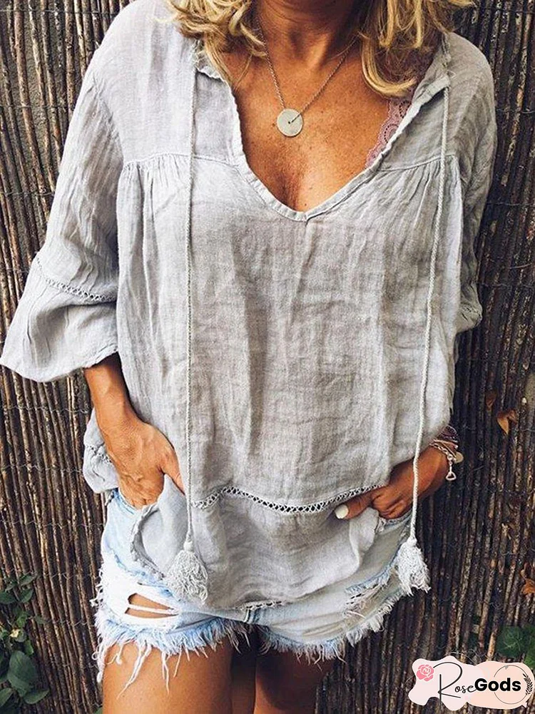 V Neck Short Sleeve Solid Tops