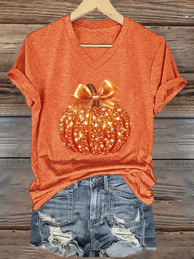 Women's Autumn Sequin Pumpkin Print V-Neck T-Shirt 