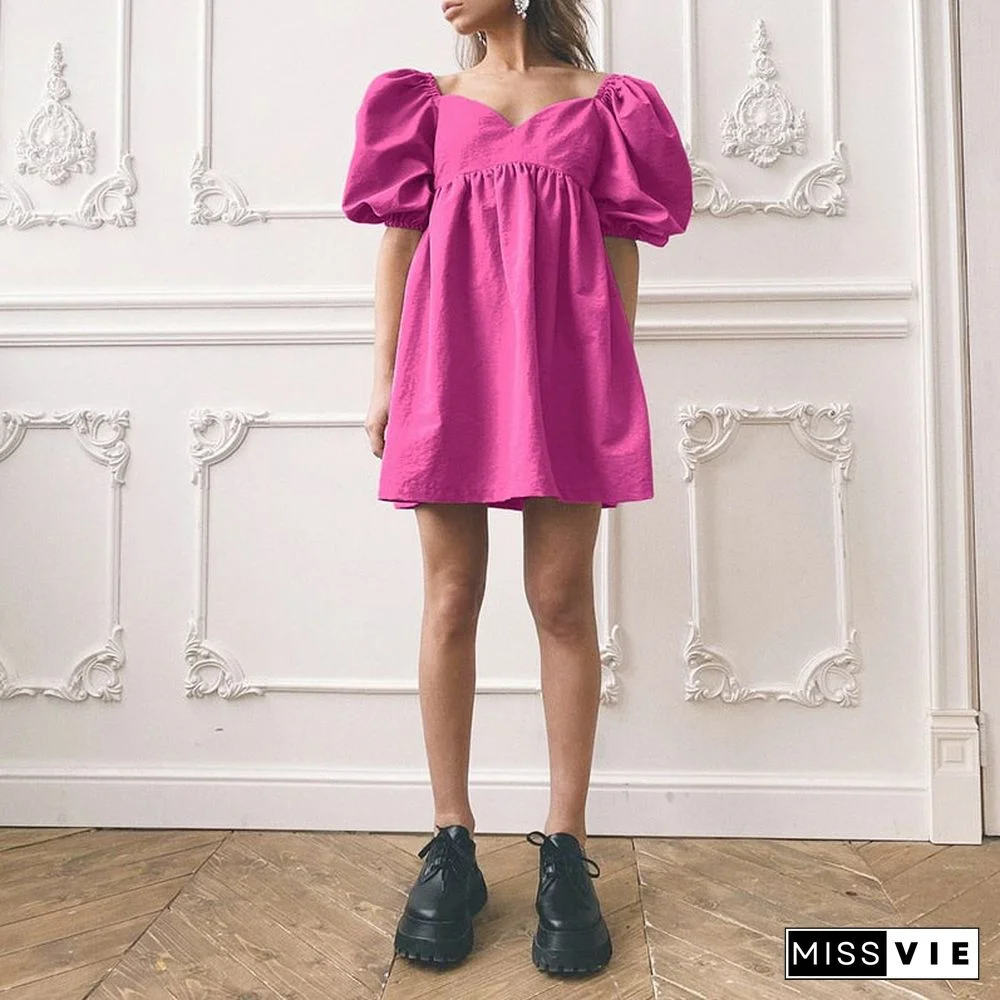 Cotton V-Neck Loose Lantern Sleeve Mini Dress Fashion Blue Summer Women A-Line Dress Solid Retro High Waist Vestido