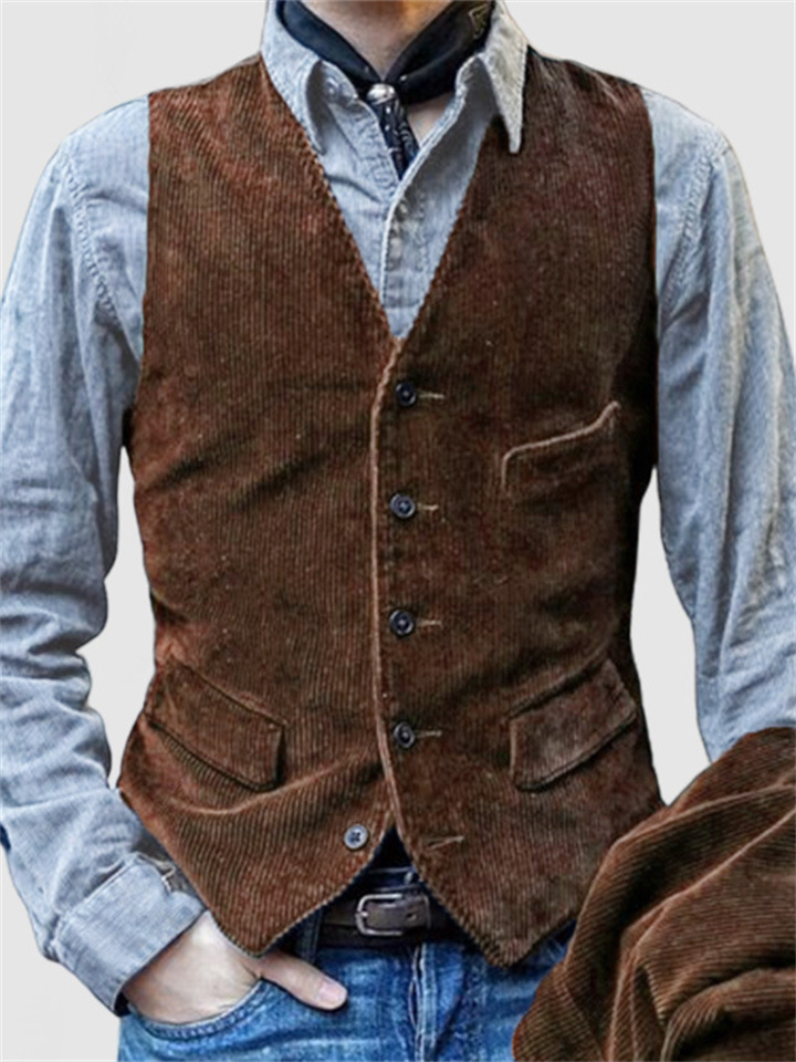 Men's Four Seasons Daily Workwear Striped Vintage Vest Corduroy Single-breasted Undershirt Shoulder Jacket Men's