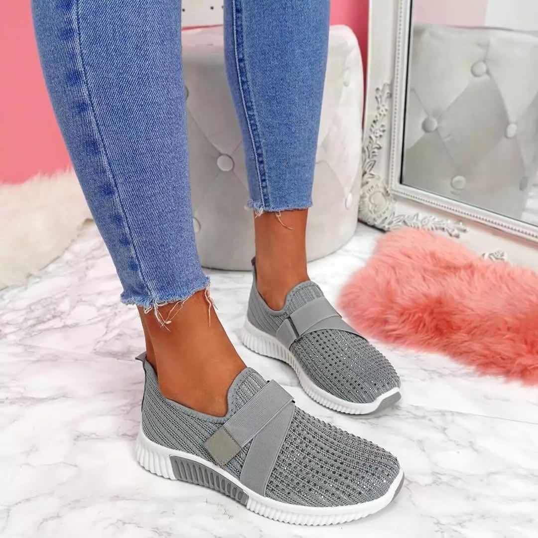 Women Casual Shoes Spring Crystal Solid Female Mesh Sneakers Casual Flat Shoes Women Flats Ladies Sport Shoes White 515-1