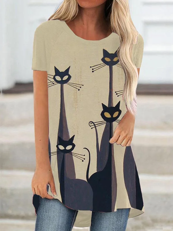 Black Cat Art Printed Short-Sleeve Tunic