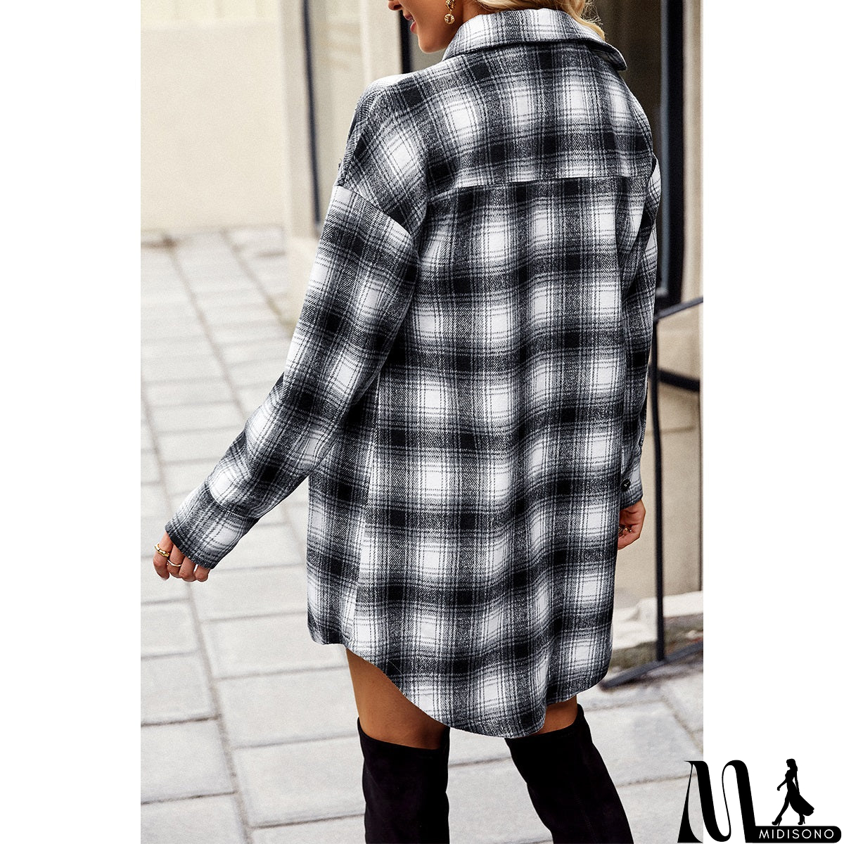 MidiSono - Plaid Front Open Button Blouse Pocket Coat