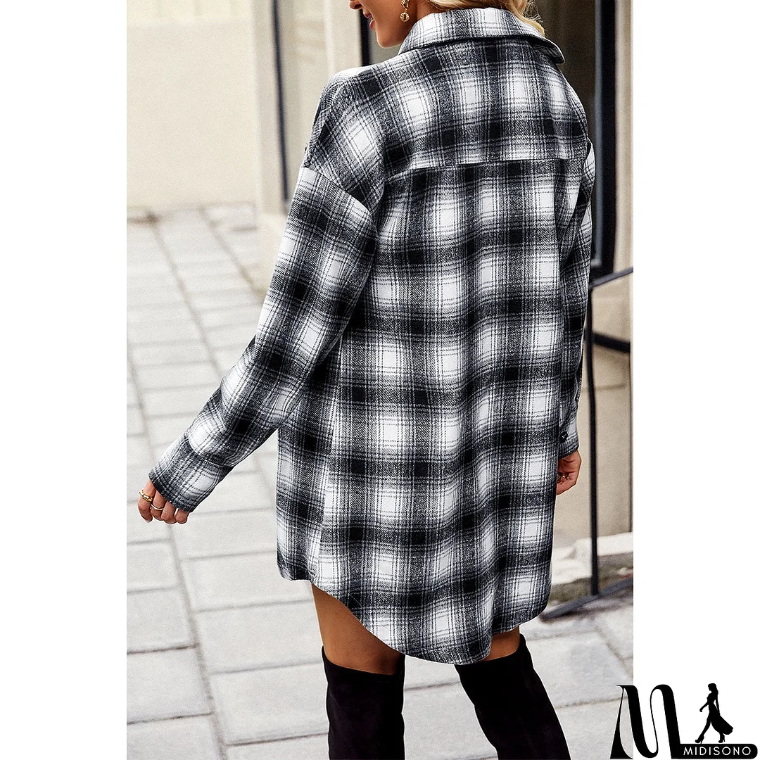 MidiSono - Plaid Front Open Button Blouse Pocket Coat