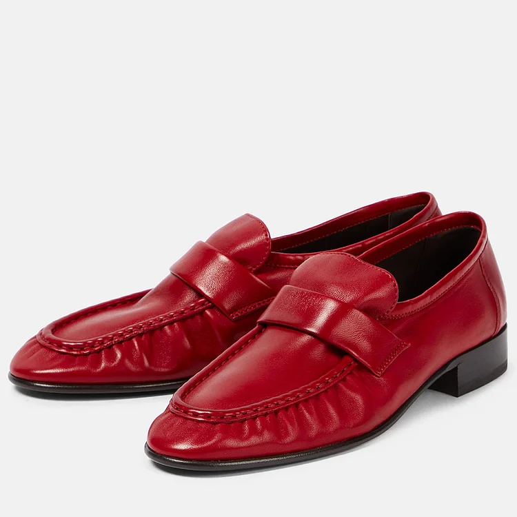 Softy Red Round Toe Low Chunky Heel Women's Loafers |FSJ Shoes