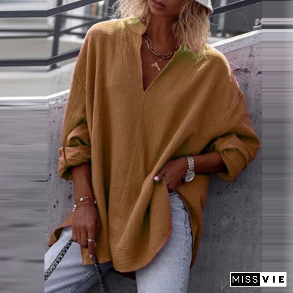 Women Autumn Casual Long Sleeve V-Neck Blouse Solid Color Loose Pullover Top Ladies Commuter Fashion Simple All-match Shirt
