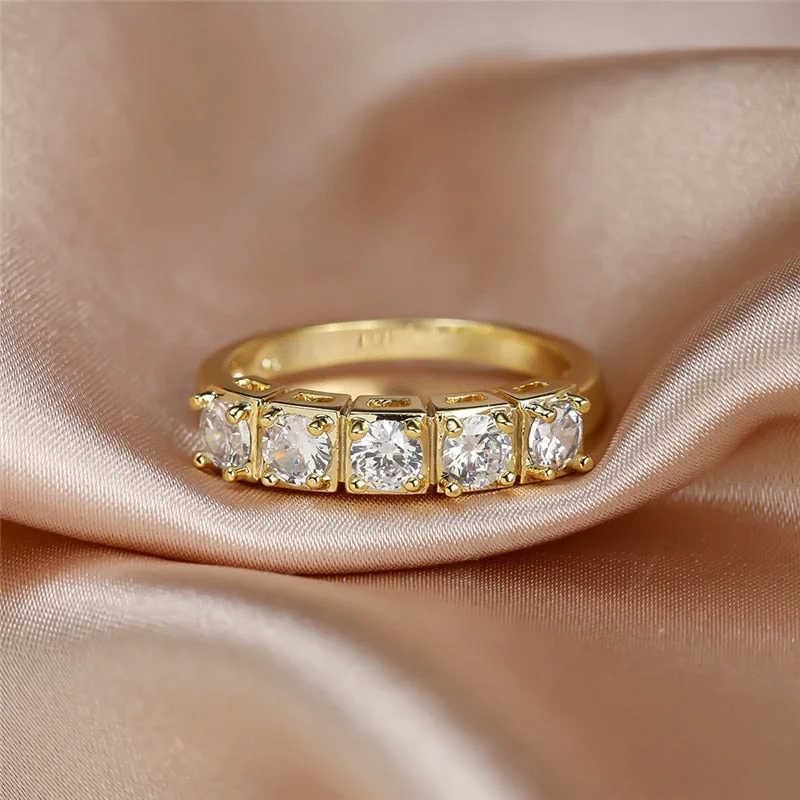 Simple Female White Round Crystal Jewelry Charm Gold Color Wedding Rings For Women Vintage Zircon Square Engagement Thin Ring
