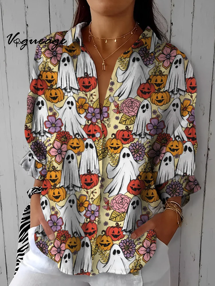 Cute Ghost Pumpkin And Flowers Printed Cotton And Linen Shirt