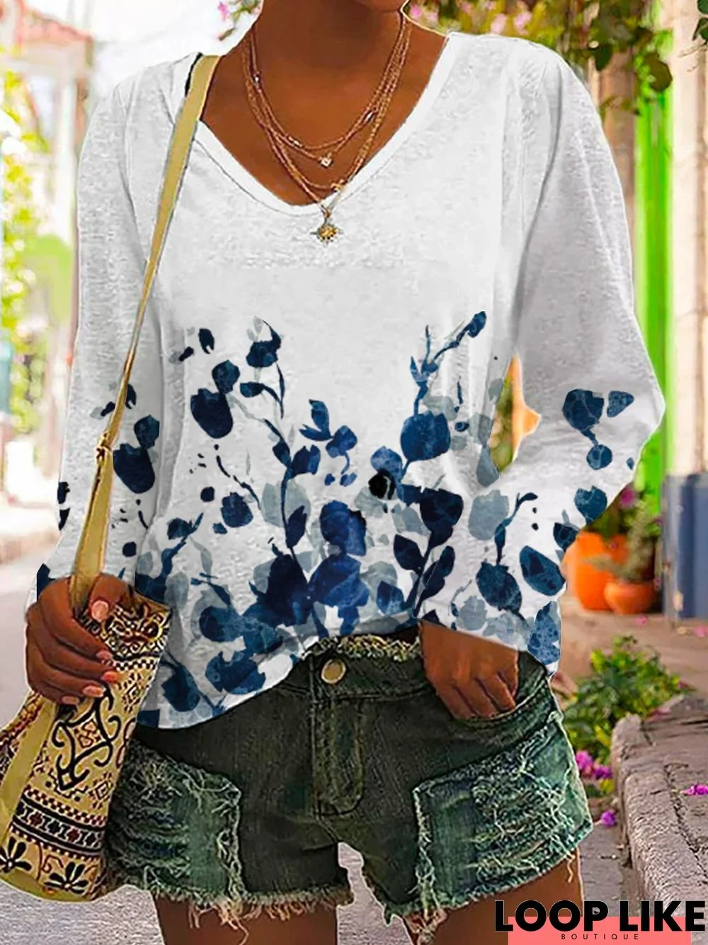 Floral Casual V Neck T-Shirt