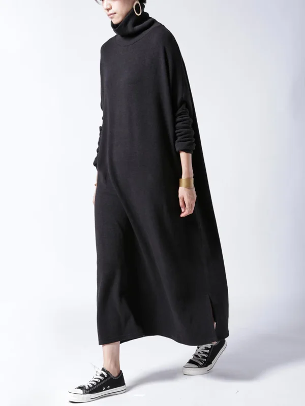 Casual Minimalist Roomy Pure Color Split-Side High-Neck Long Sleeves Maxi Dress
