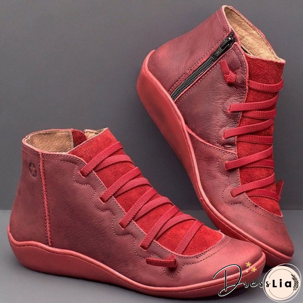 Womens Medieval Vintage Leather Boots Braided strap flat heel all season waterproof slip