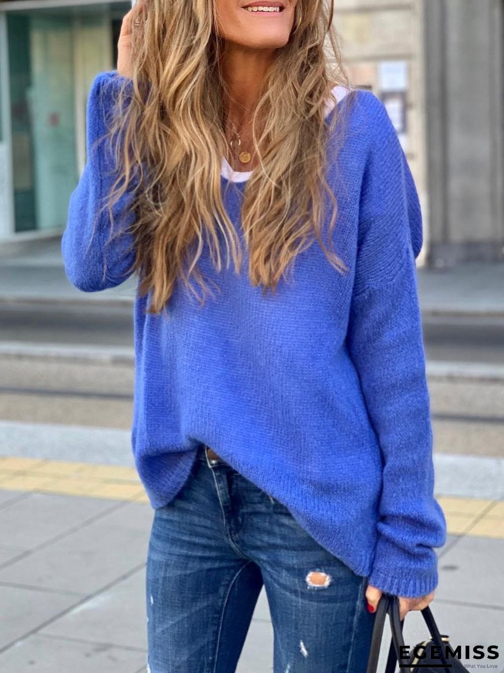 Blue Long Sleeve V Neck Shirts & Tops | EGEMISS