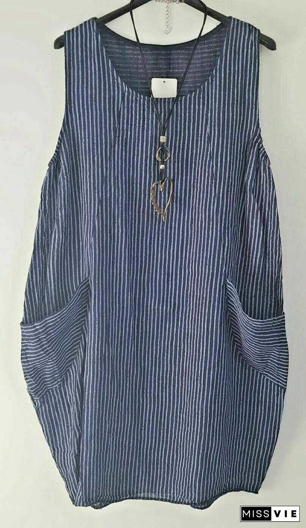 Ladies Stripe Design Summer Linen Cotton Long Pocket Top
