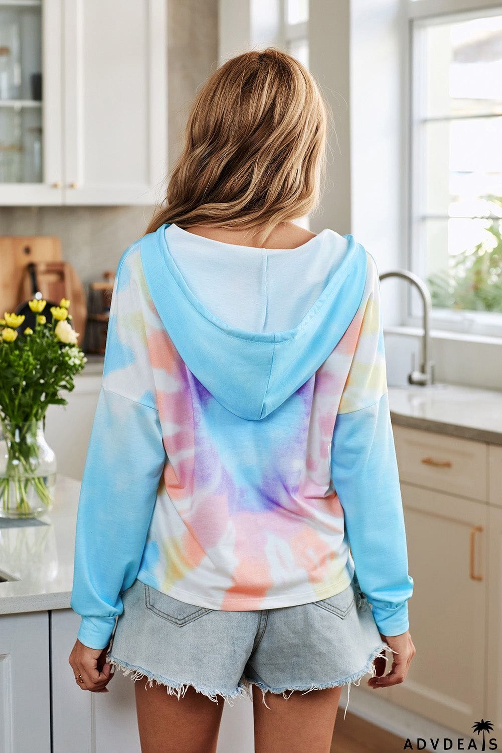 Fashion Sky Blue Colorblock The Sun Cotton Blend Tie Dye Hoodie