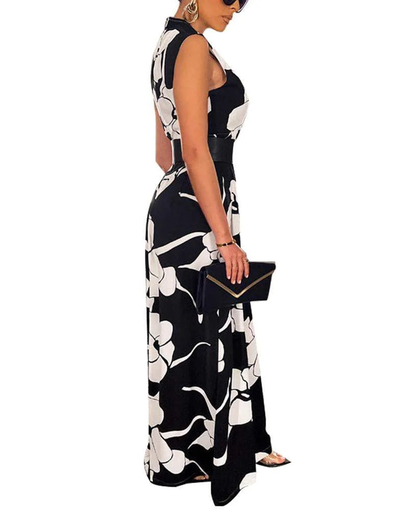 Temperament Printed Wide Leg Casual Jumpsuit