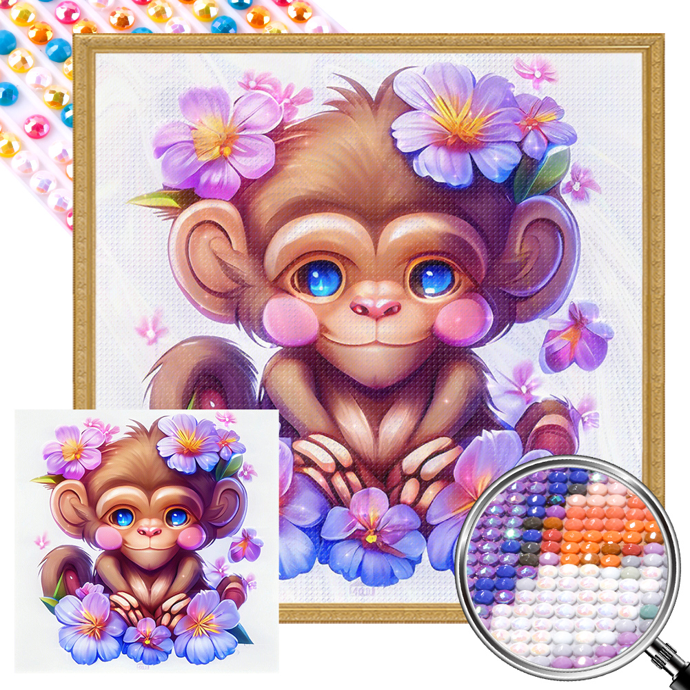 Flowers And Monkeys 40*40cm(picture) full round drill diamond painting with 3 to 5 colors of AB drills
