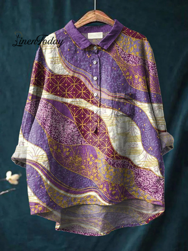 Japanese Traditional Graphic Combination Decorative Pattern Casual Cotton And Linen Shirt