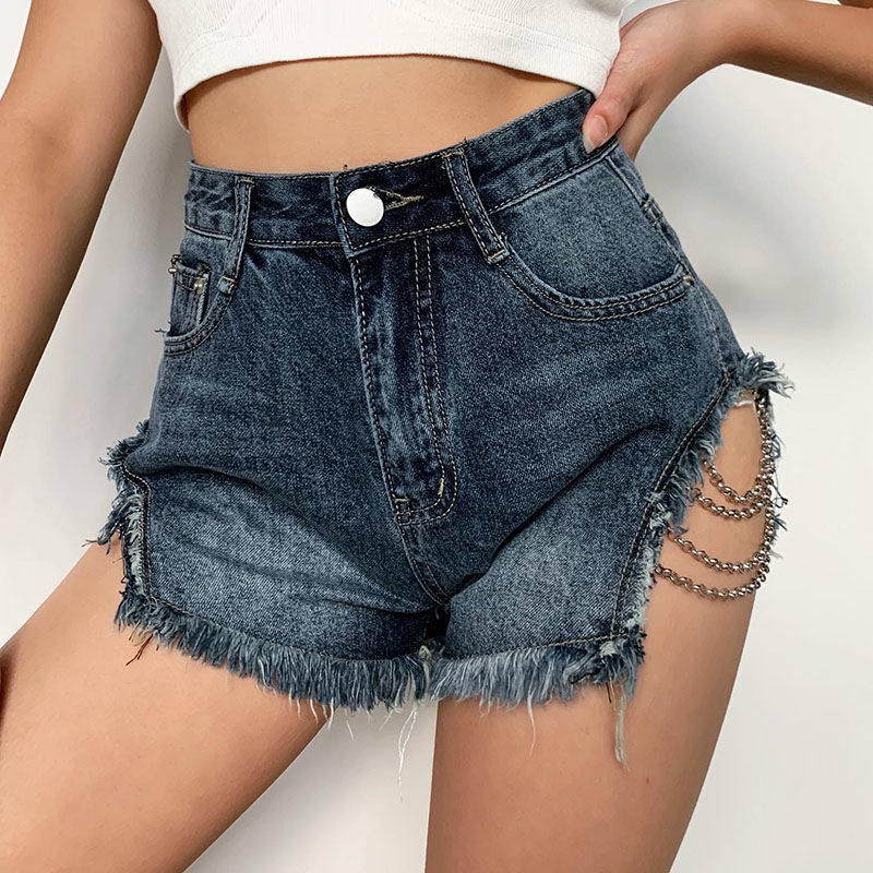 2025 New Women's High Waist Sexy Chain Denim Jeans Shorts Nightclub White Blue