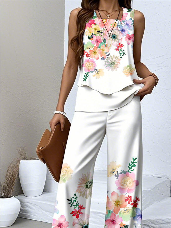 Women's Sleeveless Square Collar Floral Printed Casual Set