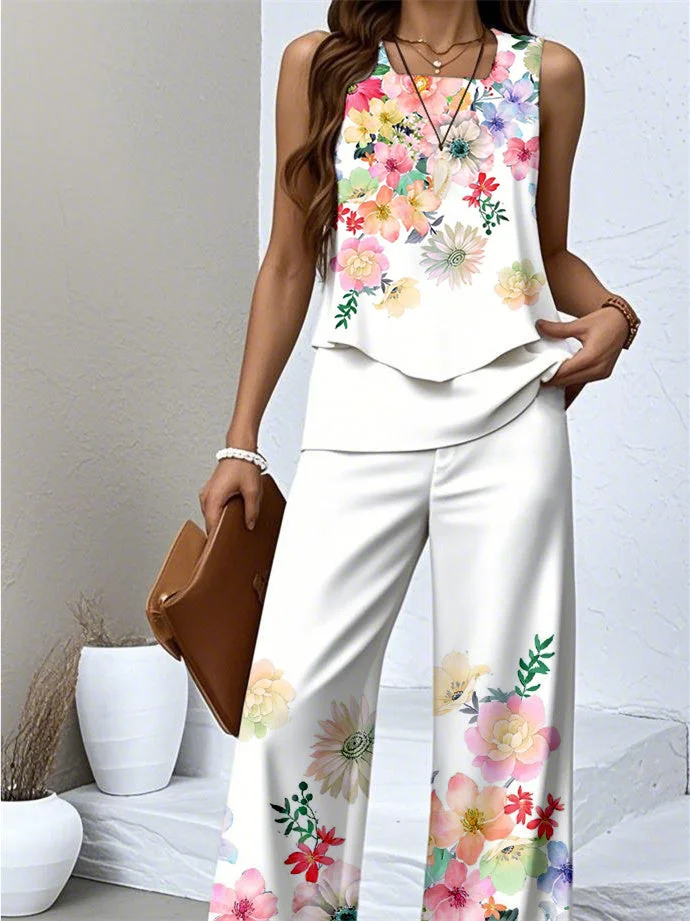Women's Sleeveless Square Collar Floral Printed Casual Set