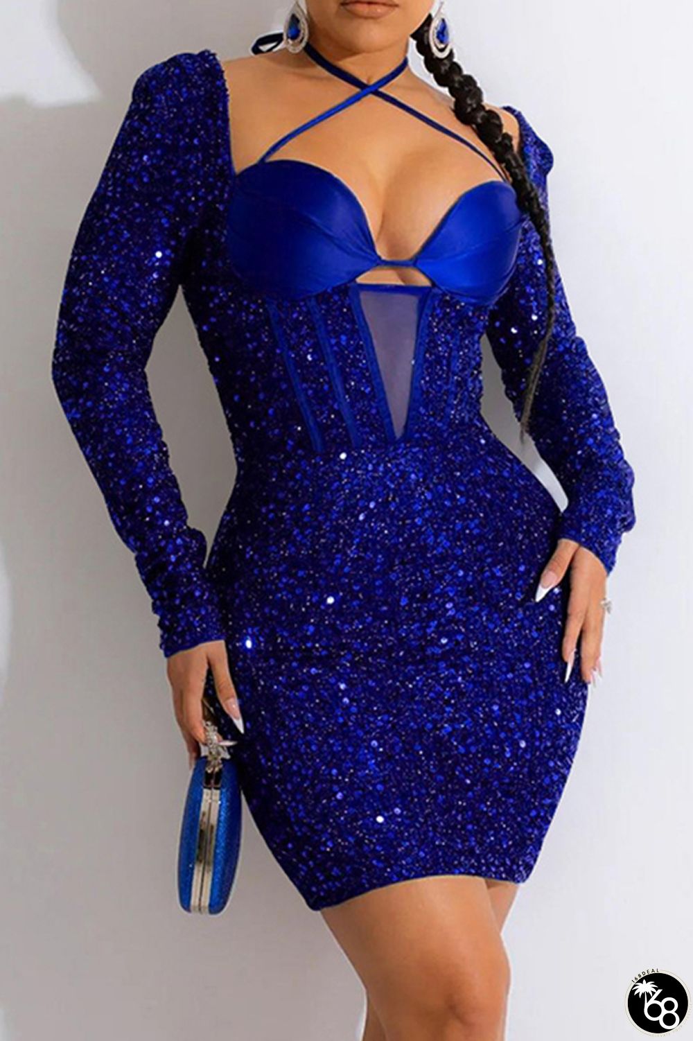 Blue Sexy Patchwork Bandage Sequins V Neck Long Sleeve Dresses | 168DEAL