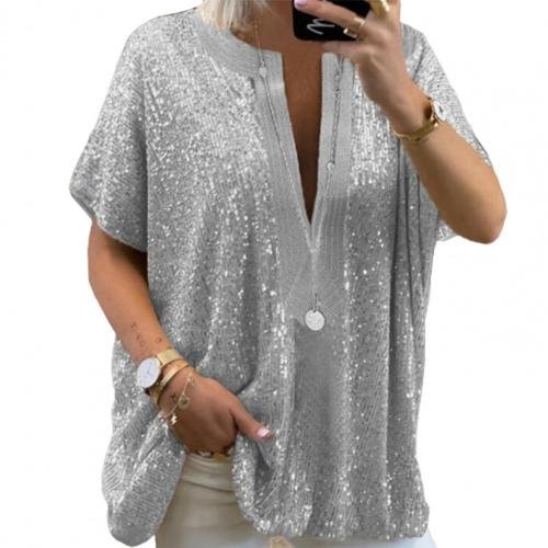 Blusas Women Blouse Fashion Sequins V Neck Loose Female Shirts Summer Casual Short Sleeve Oversize Blouses Top