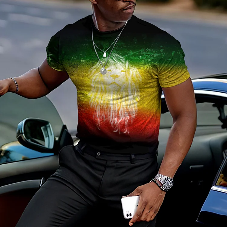 BrosWear Round Neck Reggae Lion Color Contrast Short Sleeve T Shirt