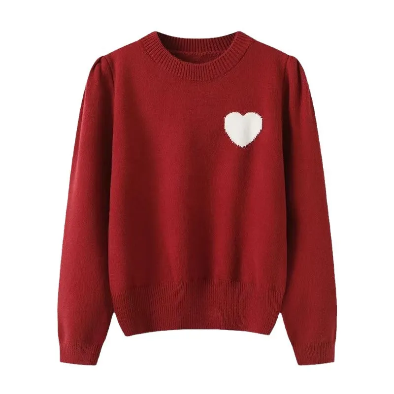 Churchf Churchf Year Red 2024 Autumn And Winter New Style Small Man Sweet Bump Color Knit Top Love Embroidery Round Collar Sweater Woman