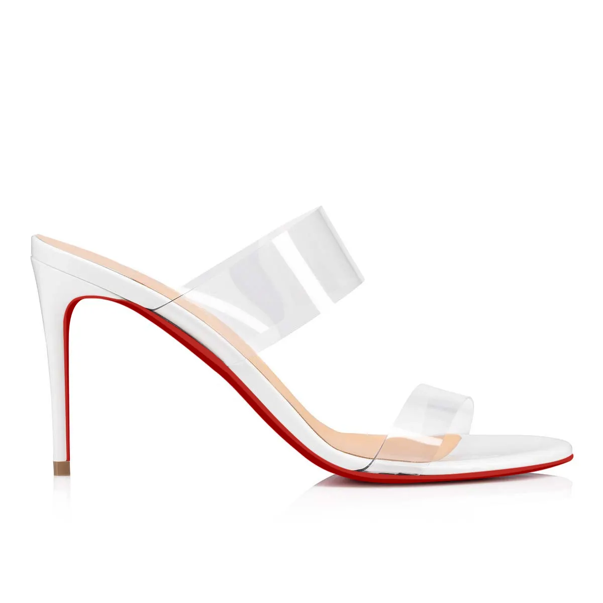 85mm Women's Sandals Round Toe Mules Transparent Heels Slip on Red Bottom Stilettos-vocosishoes