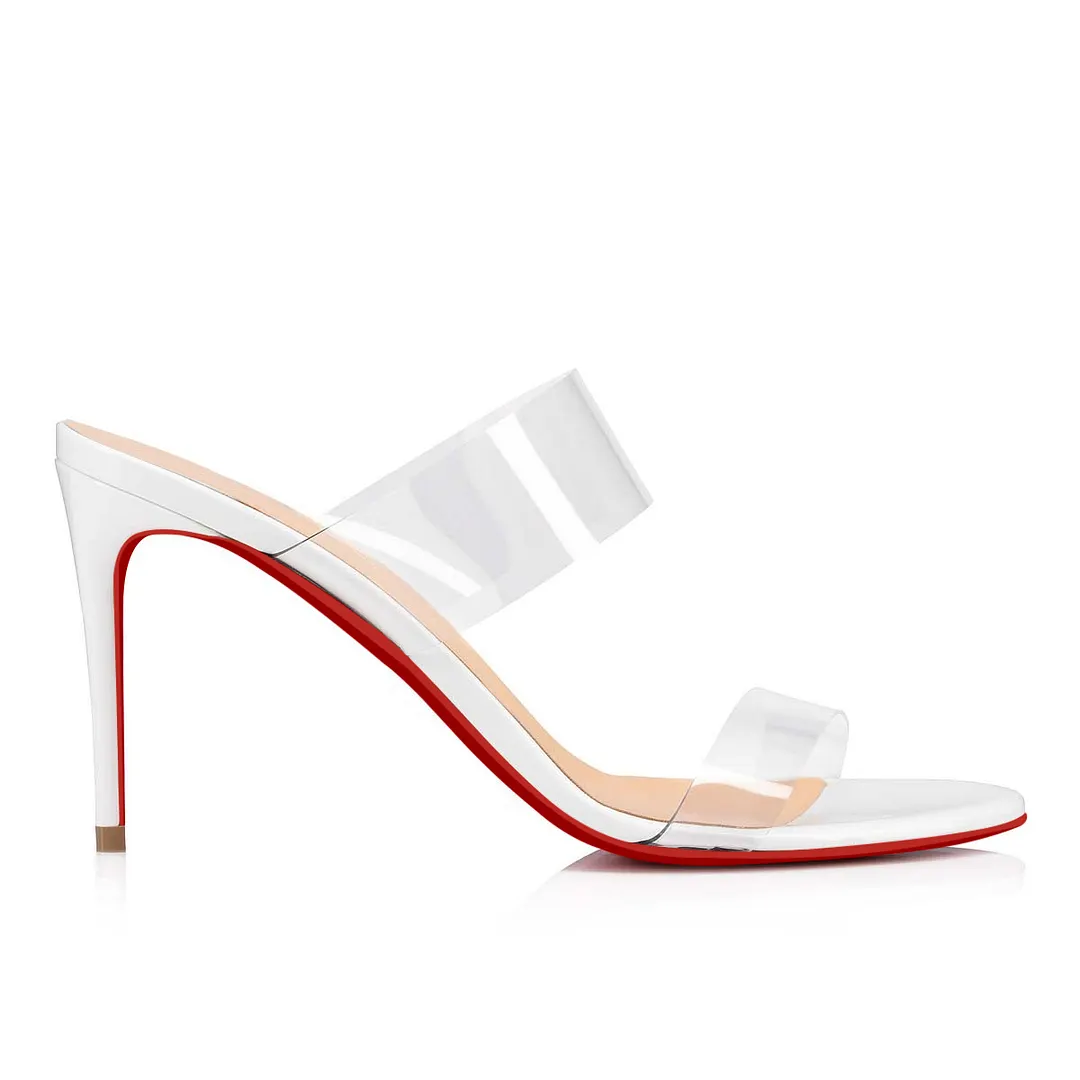 85mm Women's Sandals Round Toe Mules Transparent Heels Slip on Red Bottom Stilettos-vocosishoes