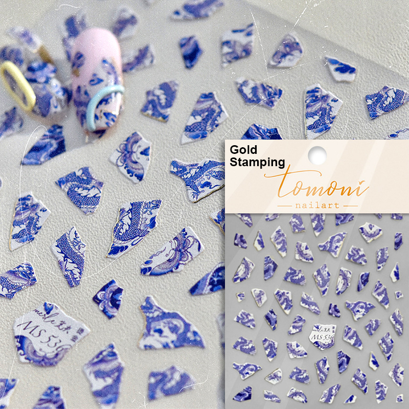 Chinese Porcelain Vases Embroidered Dragon Butterfly Red Blue 3D Embossed Relief Self Adhesive Nail Art Stickers Manicure Decals