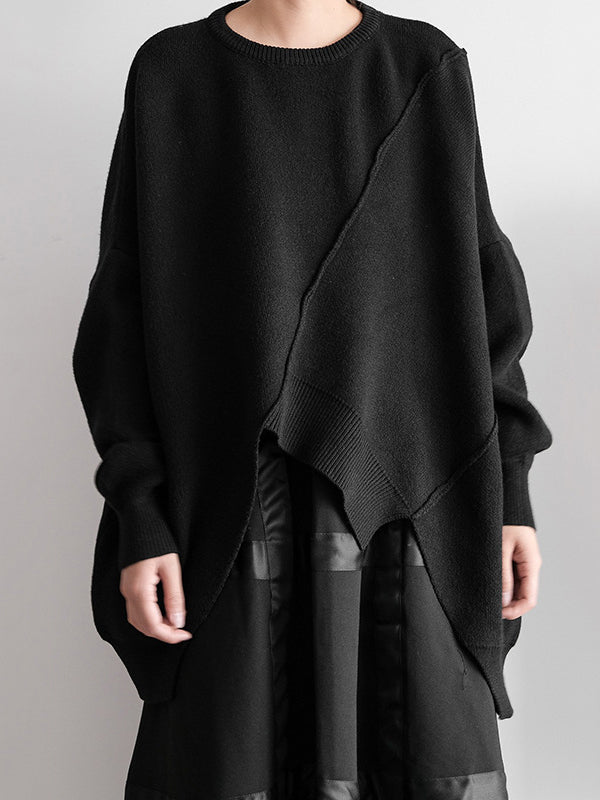 Original Loose Black Round-Neck Batwing Sleeve Irregular Hem Knit Sweater