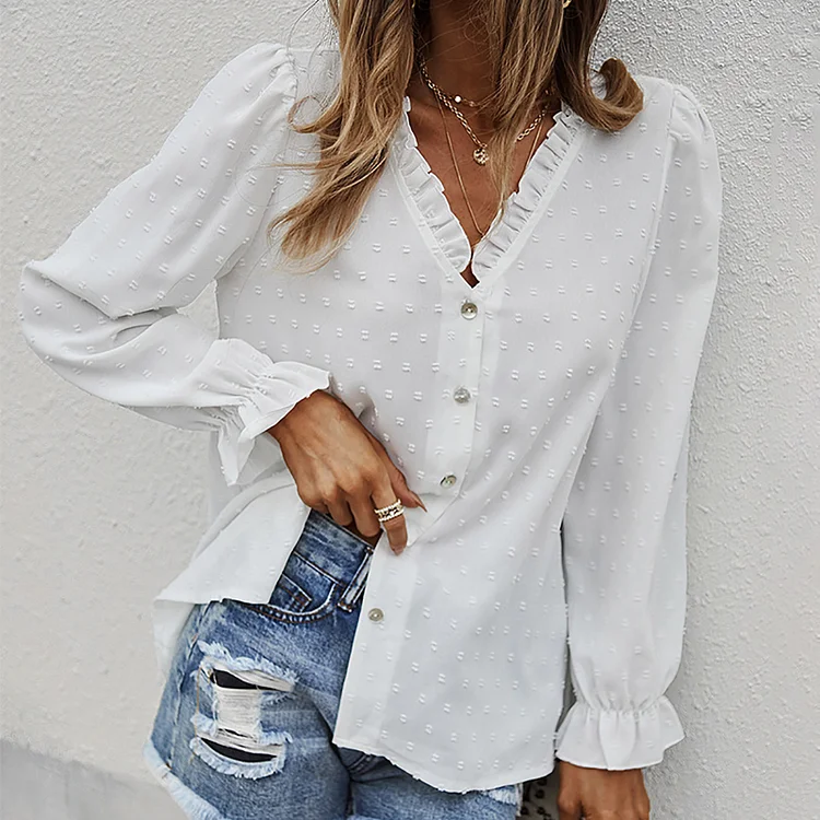 Women's Blouse Shirt Solid Colored Long Sleeve V Neck Tops Chiffon Streetwear Basic Top White-828