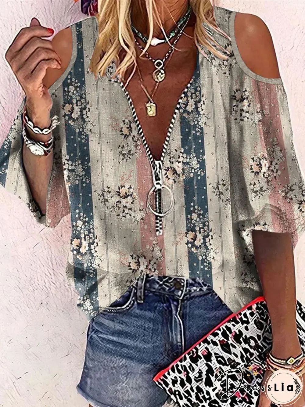 Casual Floral Three Quarter V Neck Plus Size Printed Tops