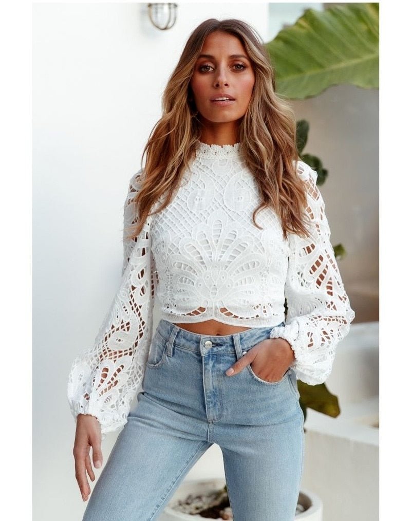 Elegant Women's Long Sleeve Lace Blouses Tops White Crochet Hollow Out Turtleneck Stylish Cropped Shirts Female Pullovers 16296