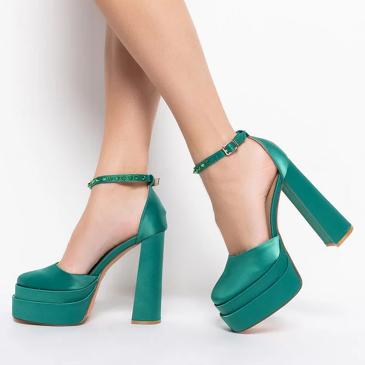 Green Square Toe Platform Heels Studs Ankle Strap Pumps Satin Shoes Vdcoo