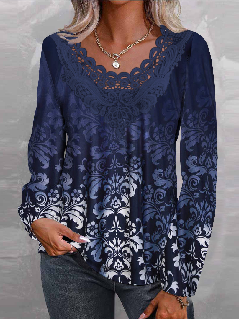 Women Long Sleeve V-neck Graphic Floral Printed Top