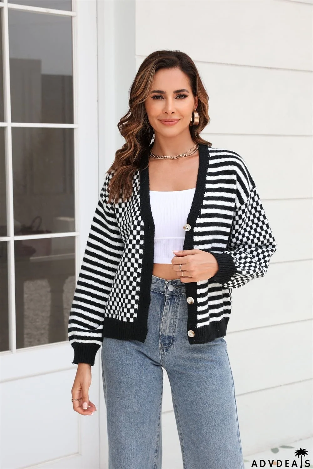 Button-Down Stripe & Plaid Contrast Pattern Cardigan