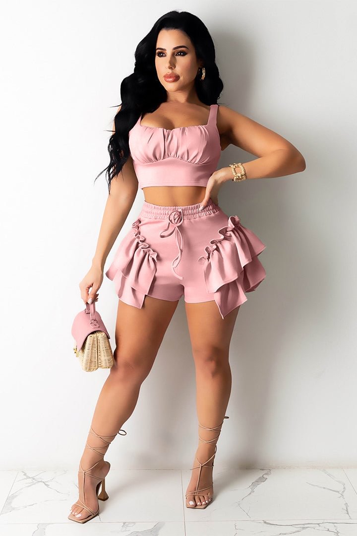 Two Piece Set Solid Color Fungus Side Tie Vest Shorts Suit