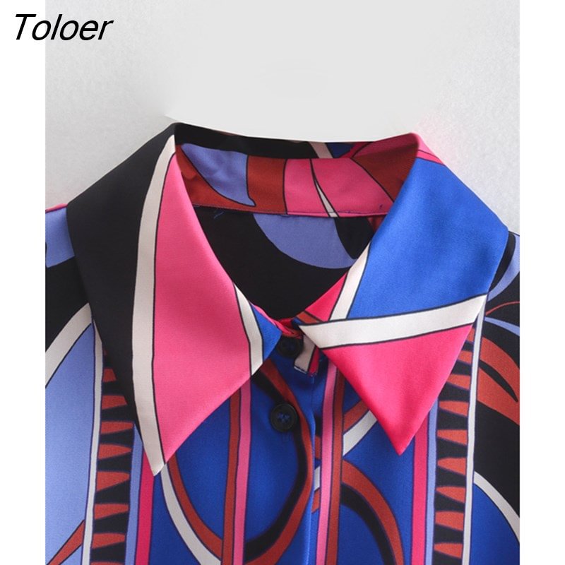 Toloer Women Vintage Contrast Color Geometric Print Smock Blouse Office Lady Business Shirts Chic Retro Blusas Tops LS424