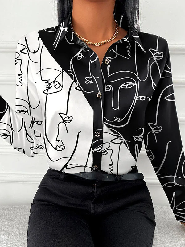 Long Sleeves Loose Buttoned Contrast Color Figure Lapel Blouses&Shirts Tops
