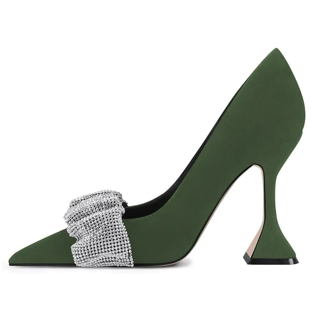 Green Vegan Suede Pointed Toe Rhinestone Decor Pumps for Women