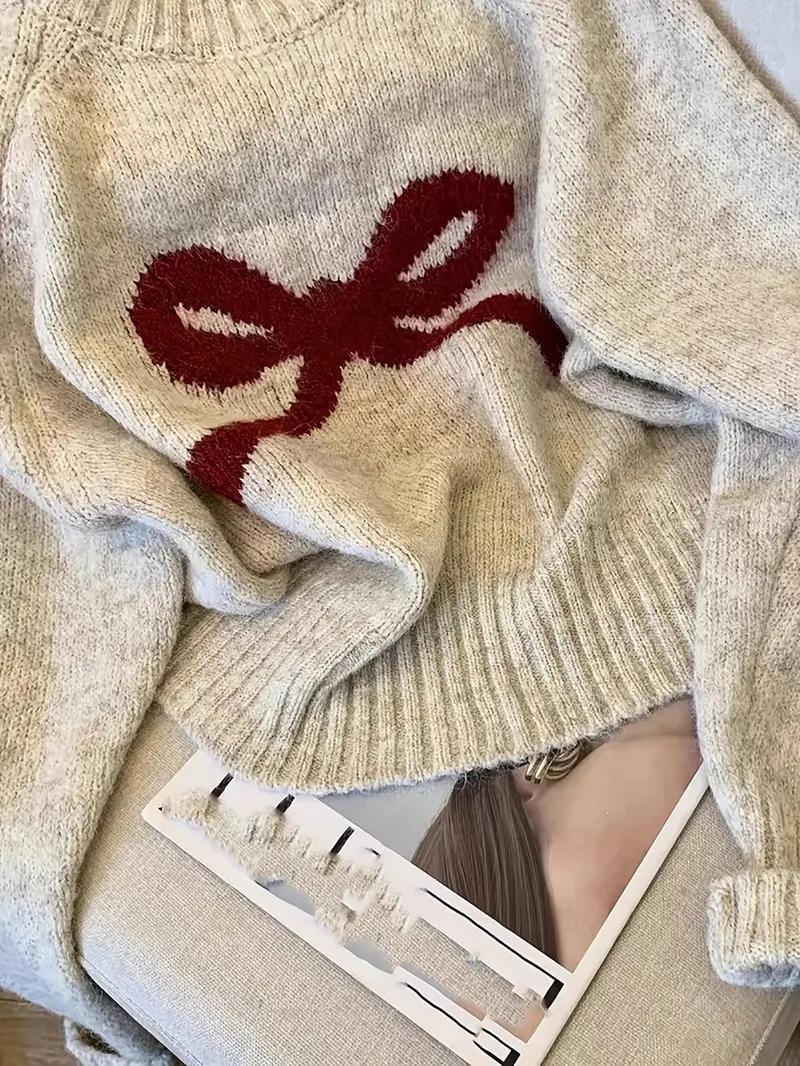 Elegant Bow Knit Sweater for Women, Sweet Autumn Winter Fashion, Thick Casual Pullover Top, Unique Design, Versatile Outerwear