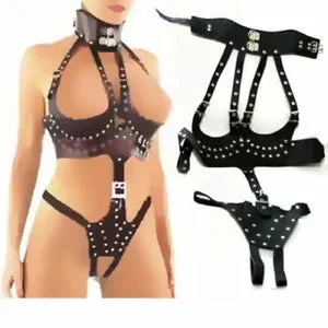 pornhint Pornhint Sexy Women Clubwear Body harness Corset PU Leather Cupless M/L Straight jacket