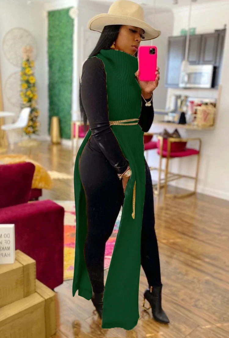 Toloer Toloer Turtleneck Side Slit Long Sweater Top 102-0-Outfit Ideas