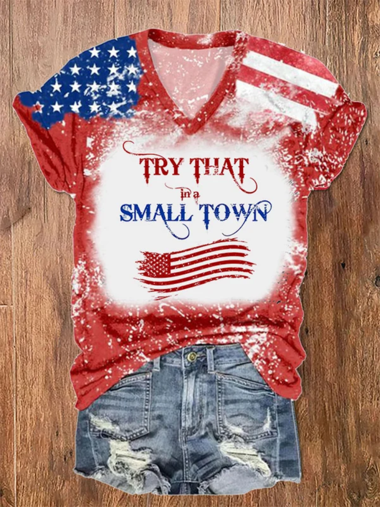 Comstylish Women's Try That In A Small Town Flag Tie Dye Print V-Neck T-Shirt