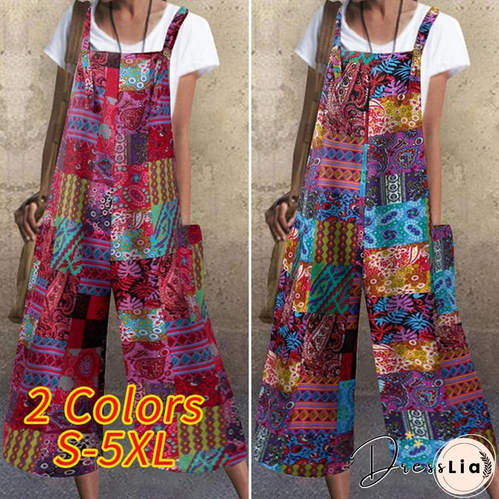 VONDA Women Sleeveless Floral Print Wide Leg Cotton Bib Pants Holiday Summer Party Jumpsuits Overalls Plus Size Dungarees Pants